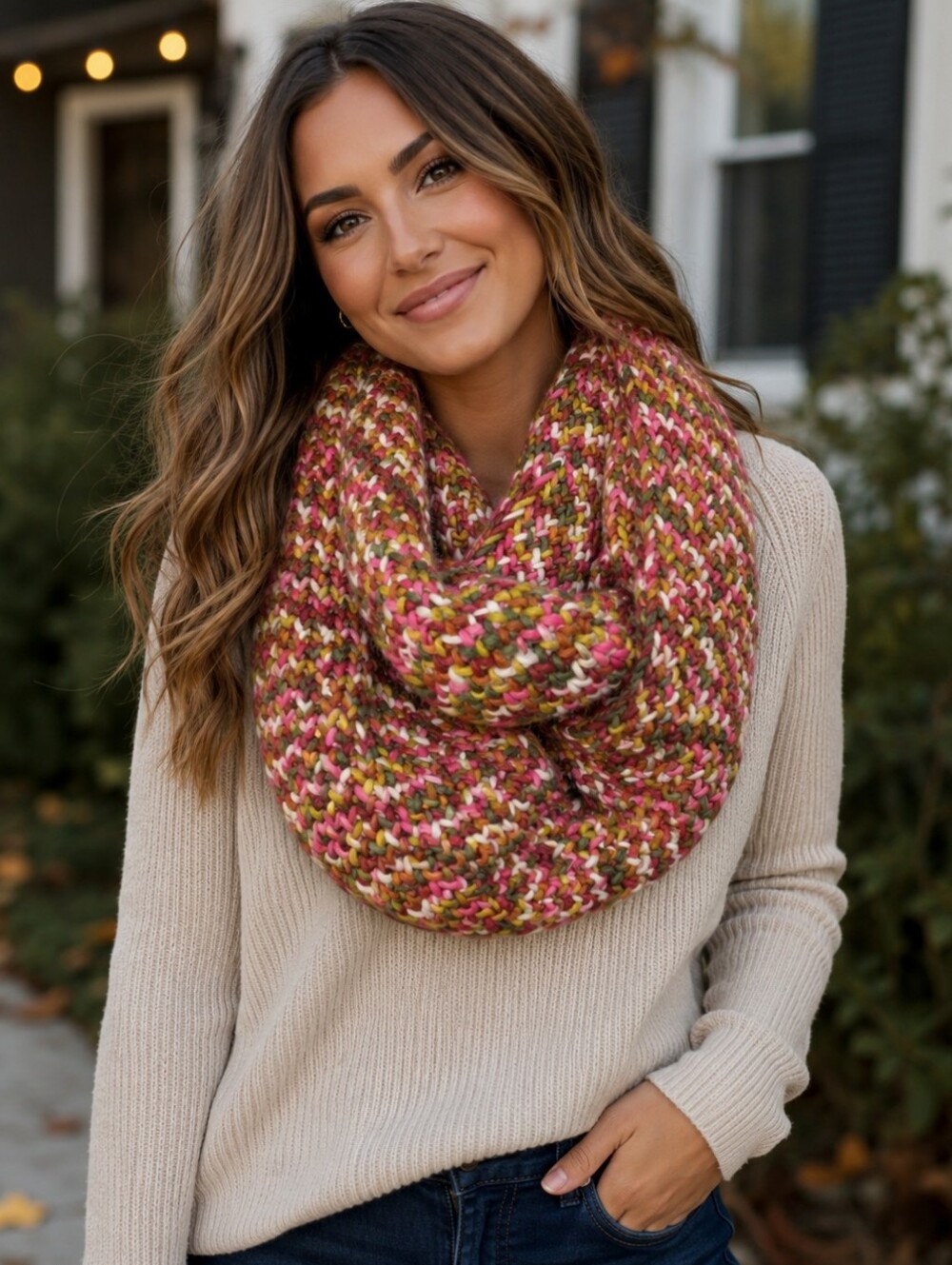 Vince Camuto Pink and Green Knit Scarf